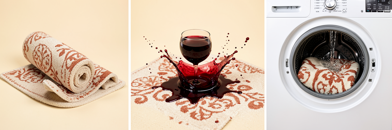 Three-phase demo: lift rug cover, spill happens, toss cover in the washer